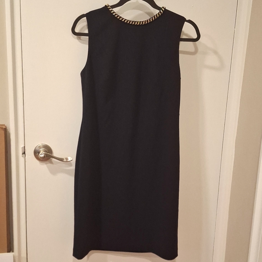 NWOT Ralph Lauren Gold Chain Embellished Collar Sleevles Dress In Navy